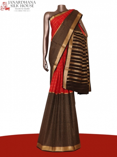 Exclusive Zari Checks Half and Half Mysore Crepe Silk Saree-Double Pallu 